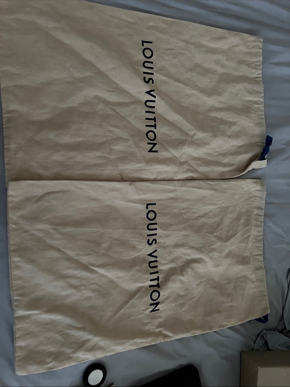 Louis Vuitton Beige Dust Bags with Black Logo and Navy Drawstrings